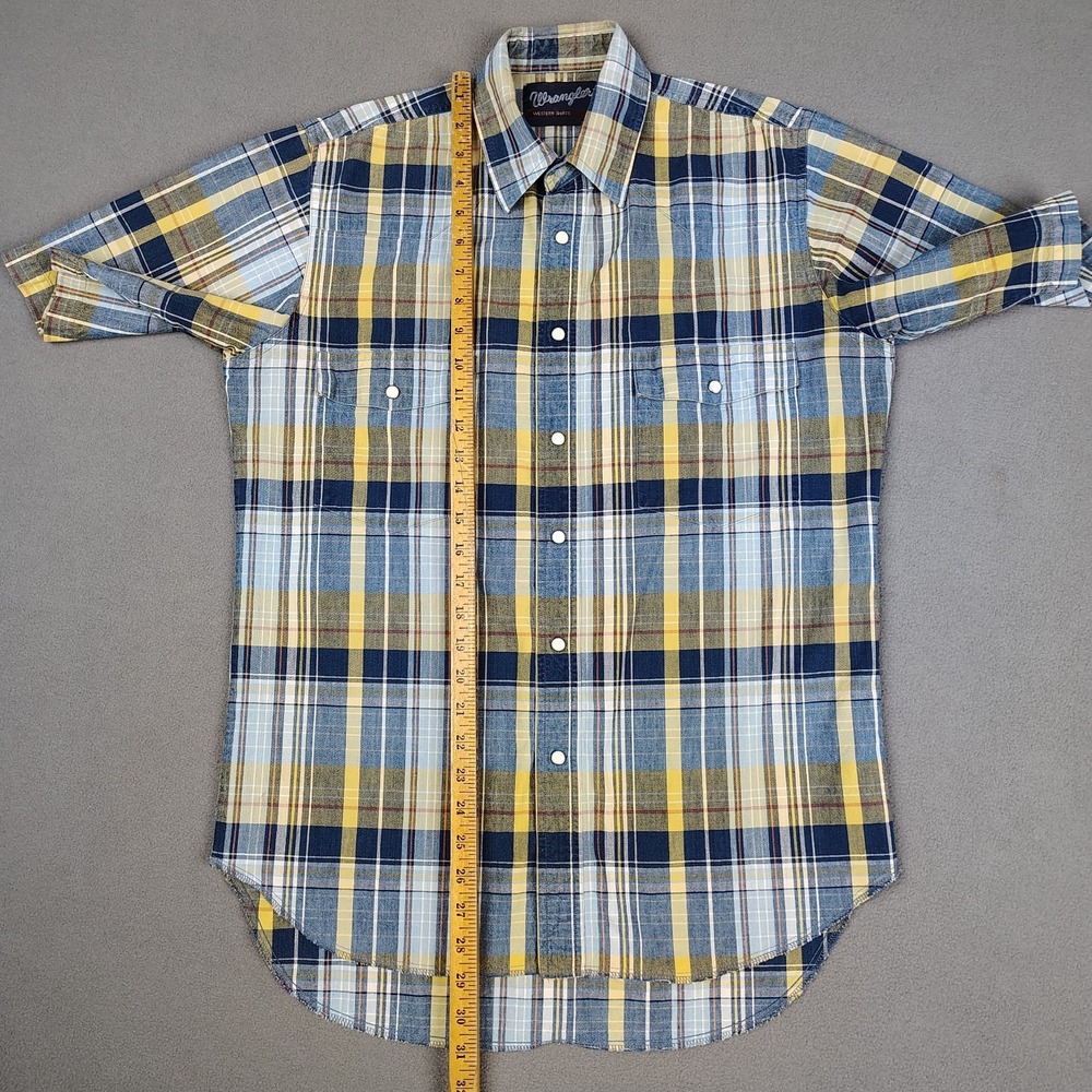 Vintage Wrangler Pearl Snap Short Sleeve Large Blue Yellow Plaid Heavy Long Tail - Picture 2 of 7